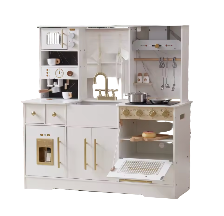 Children's play kitchen set with gold accents in a festive room setting.