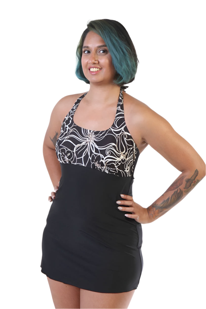 Kes-Vir Women’s Incontinence Swim Dress with Built-In Waterproof Briefs – Black Floral