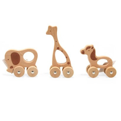 Animaux en bois sur roues, girafe, cheval, éléphant 