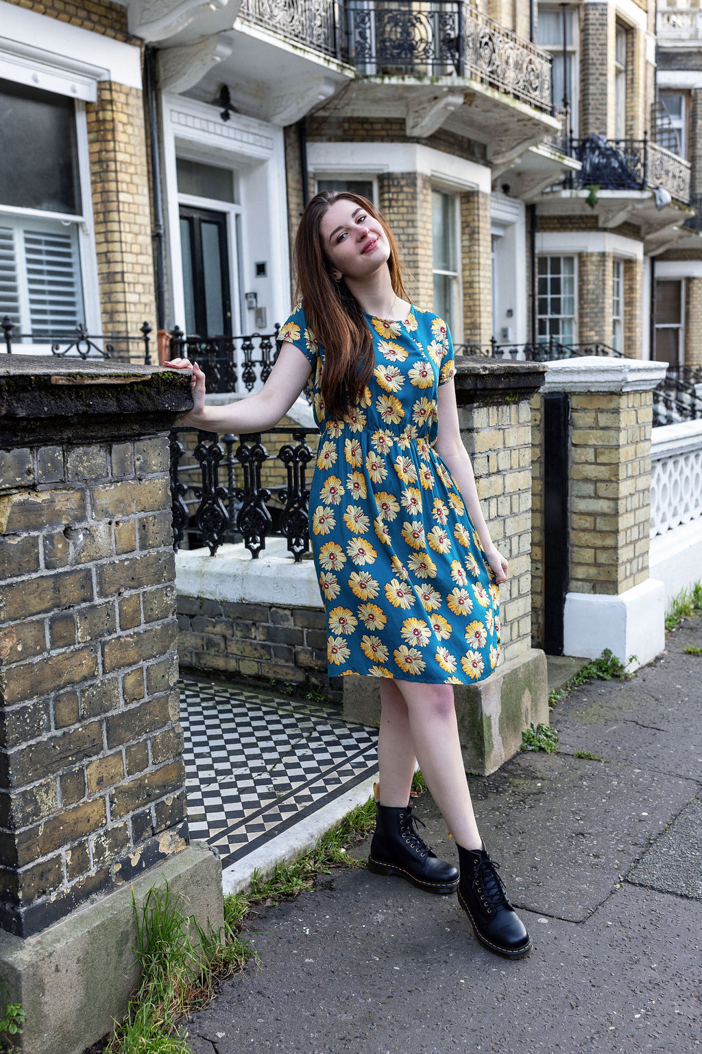 The Knee Length Breastfeeding Dress - Blue Sunflower