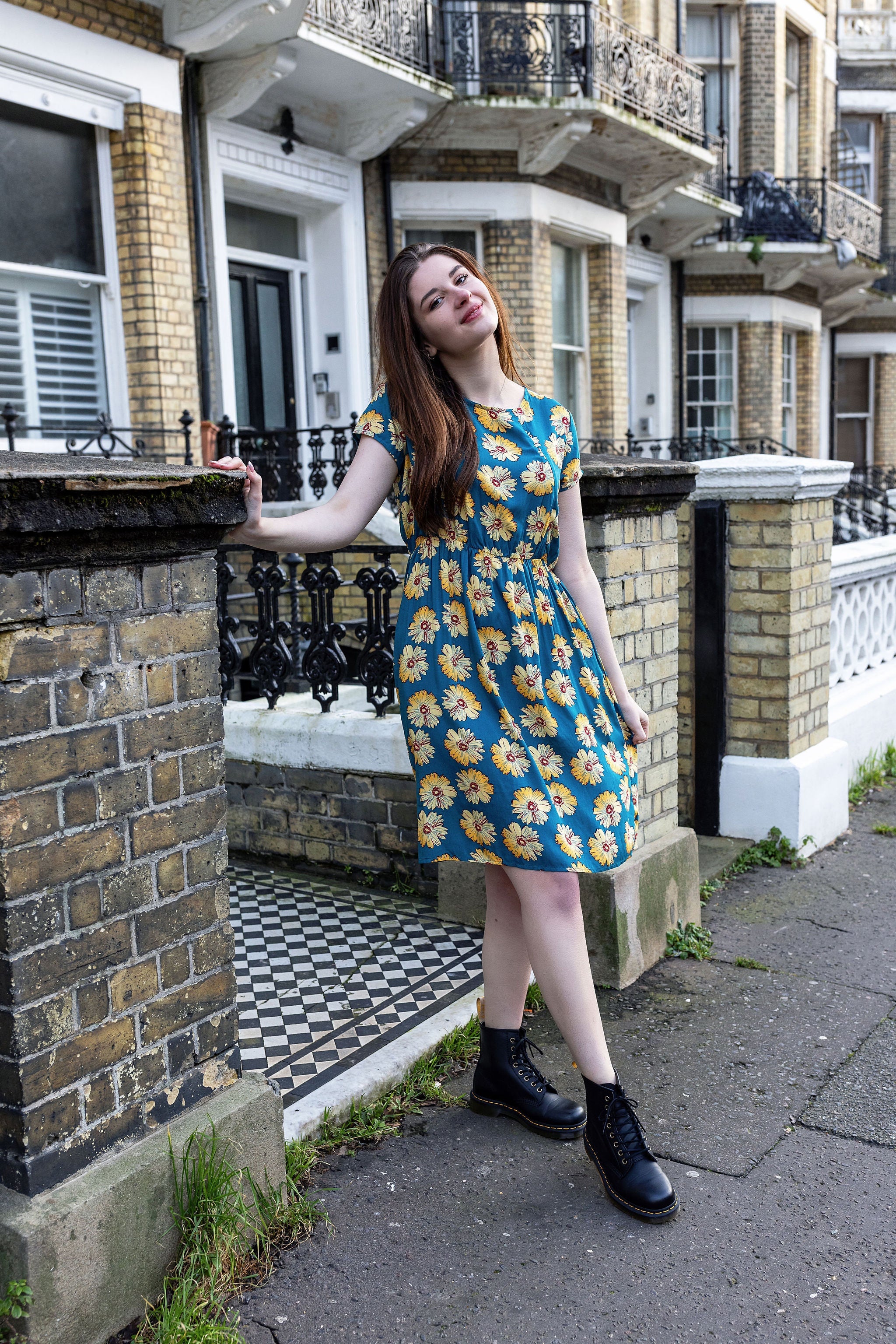 The Knee Length Breastfeeding Dress - Blue Sunflower