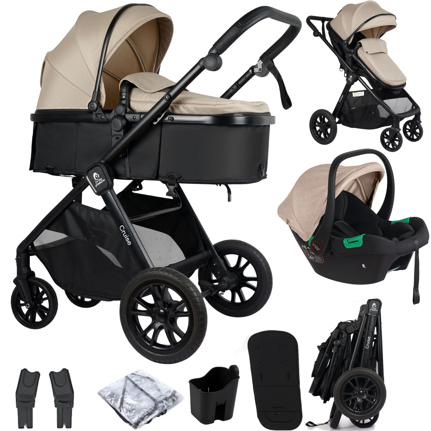 For Your Little One Cruise 3 In 1 Travel System With Car Seat - Dune Beige (Free Cupholder And Seat Liner Included!)