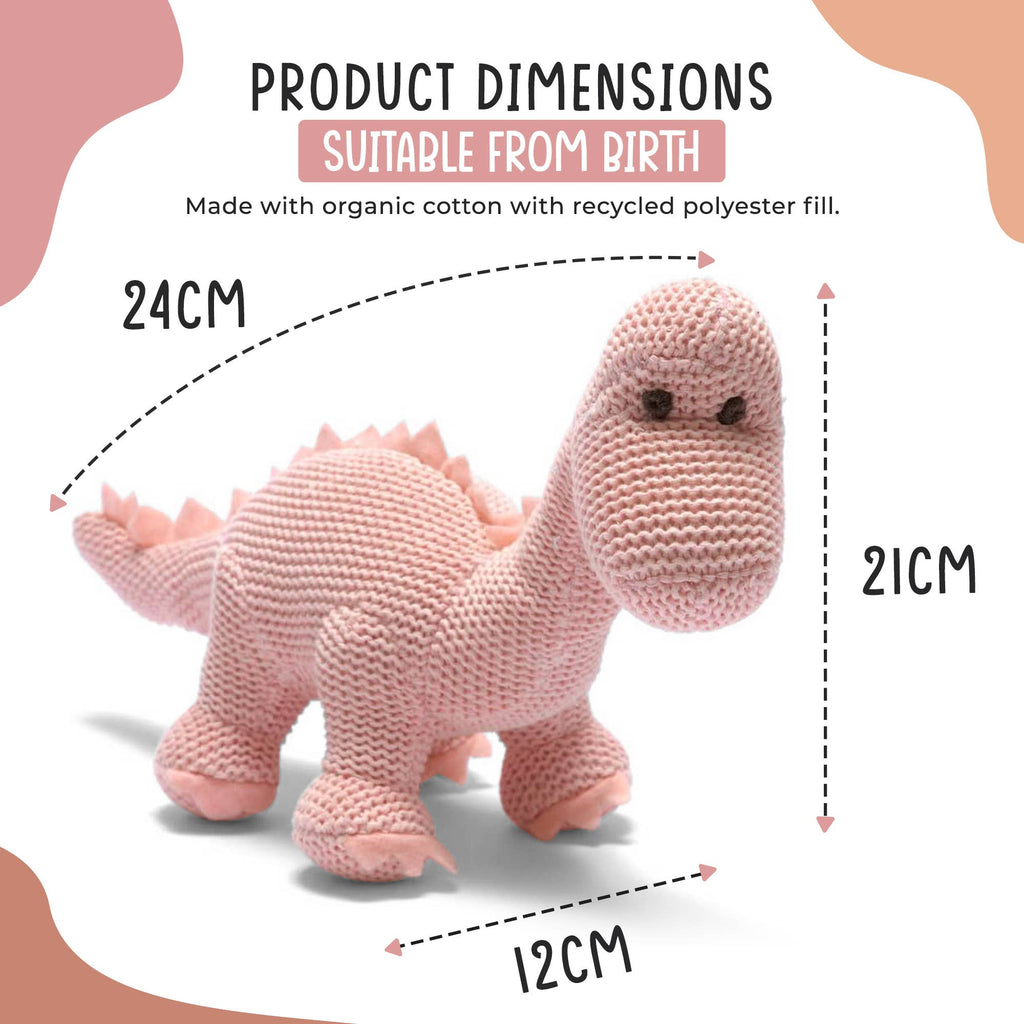 Best Years Ltd - Dinosaur Baby Rattle, Knitted Organic Cotton Pink Diplodocus