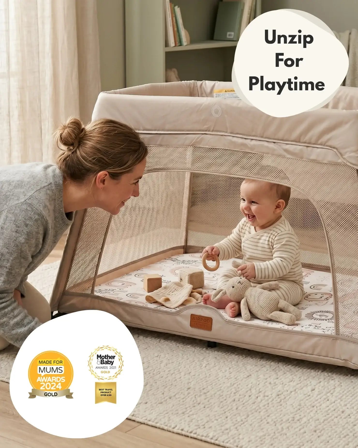 Airpod 3 Travel Cot Includes Newborn Bassinet Insert - Beige - Baby&More
