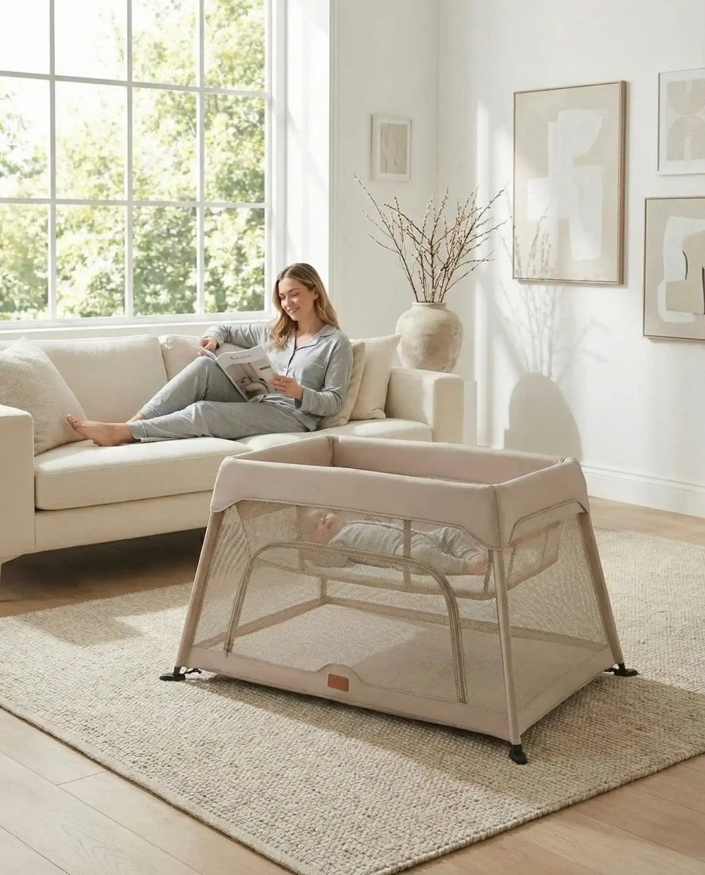 Airpod 3 Travel Cot Includes Newborn Bassinet Insert - Beige - Baby&More