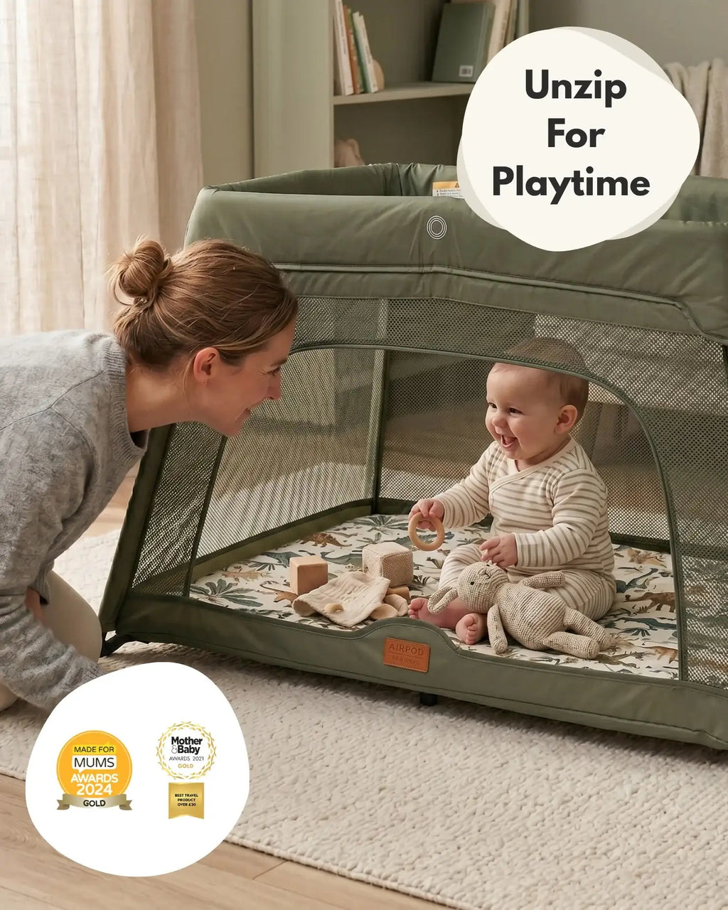 Airpod 3 Travel Cot Includes Newborn Bassinet Insert - Green - Baby&More