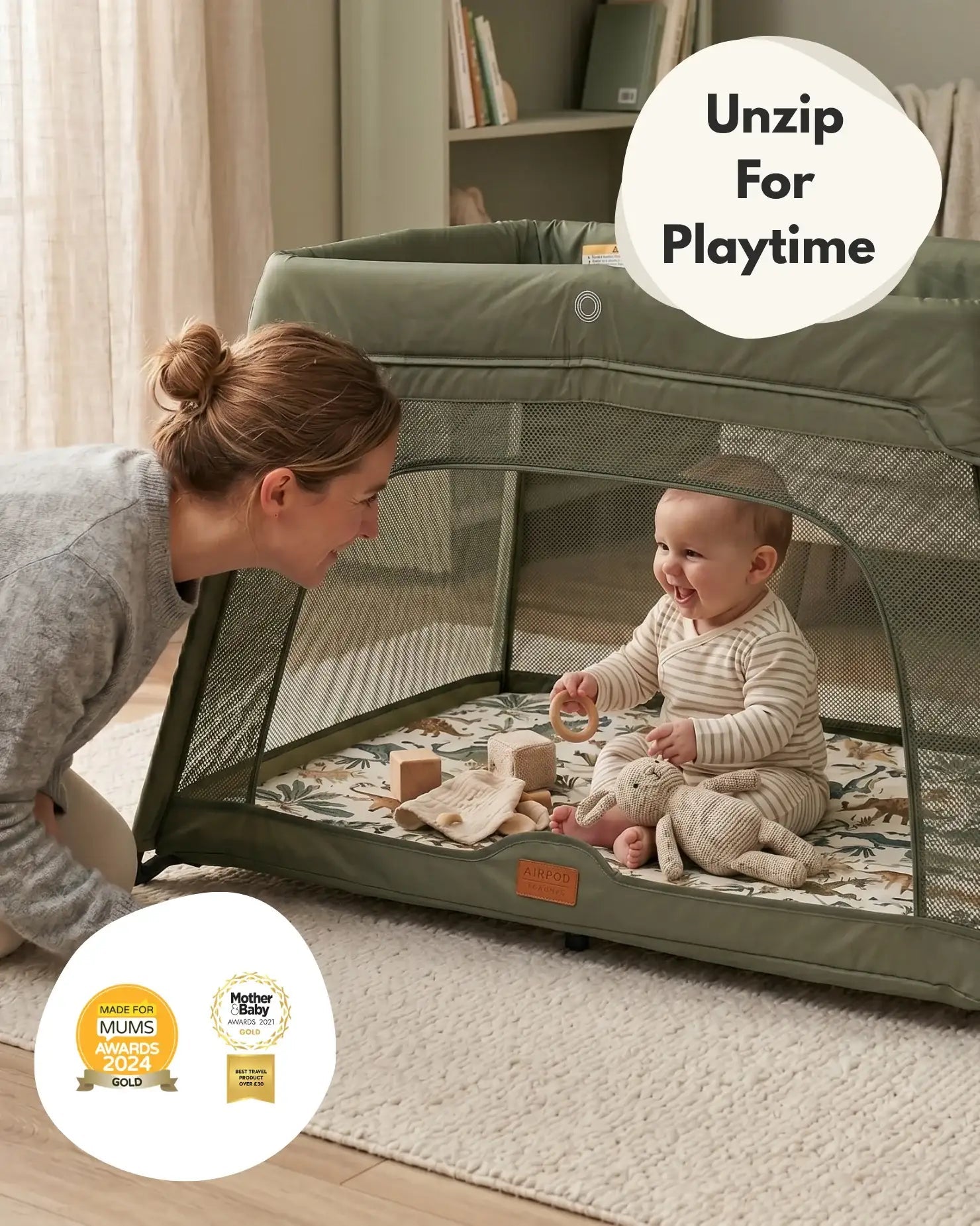 Airpod 3 Travel Cot Includes Newborn Bassinet Insert - Green - Baby&More
