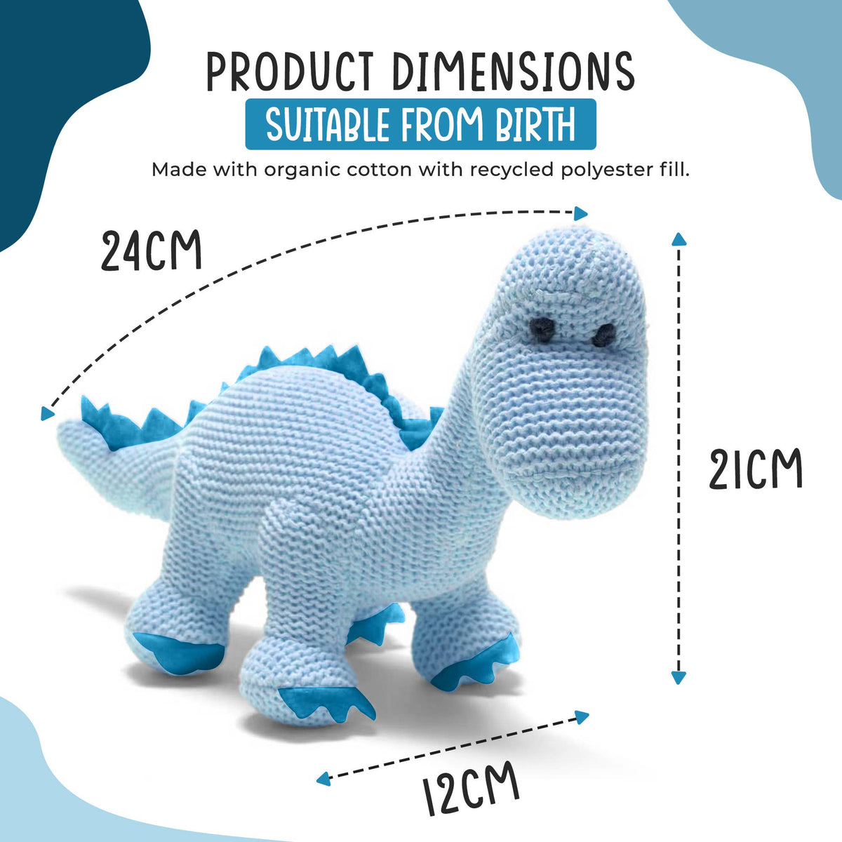 Best Years Ltd - Dinosaur Baby Rattle, Knitted Organic Cotton Blue Diplodocus