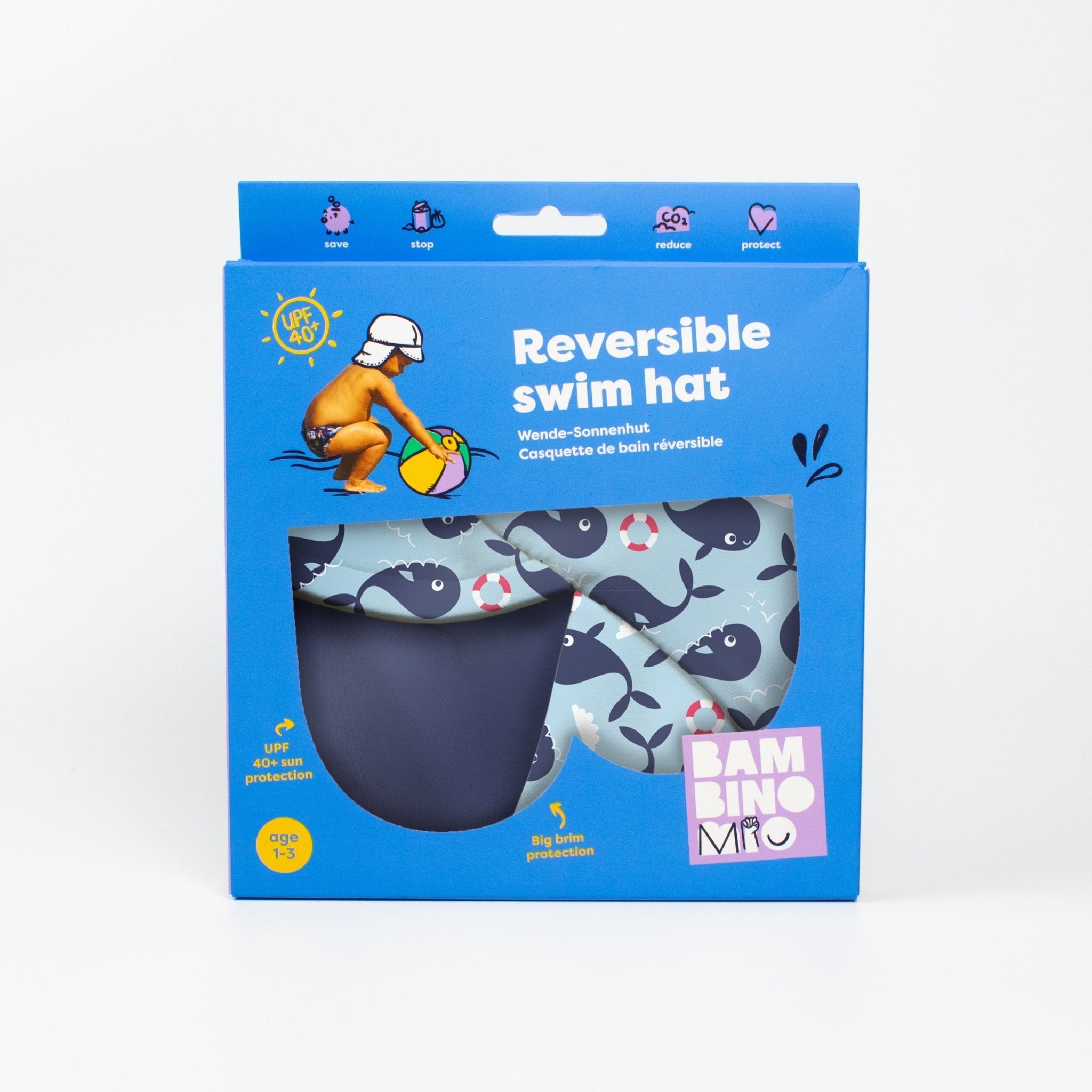 Bambino Mio UPF 40+ Reversible Swim Hat for Babies and Toddlers - Blue Whale - Baby&More