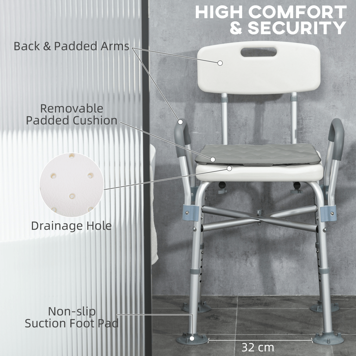 Bath / Shower Chair with Backrest & Armrests, Adjustable Height - Aluminium, Max 180kg - Baby&More