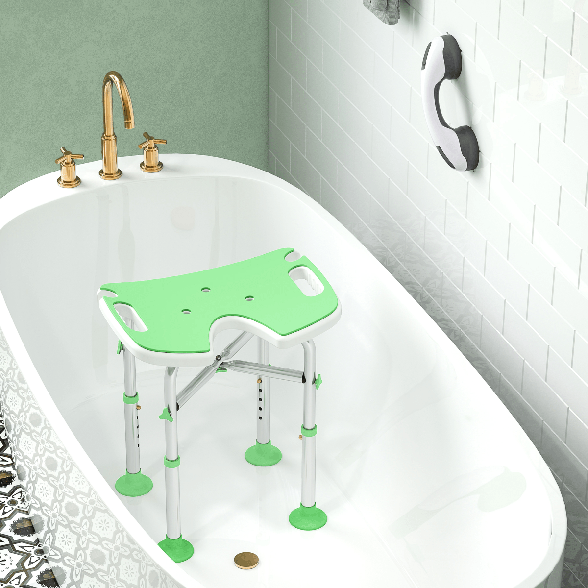 Bath / Shower Stool & Grab Handle, Adjustable Height - Green - Max 150kg - Baby&More