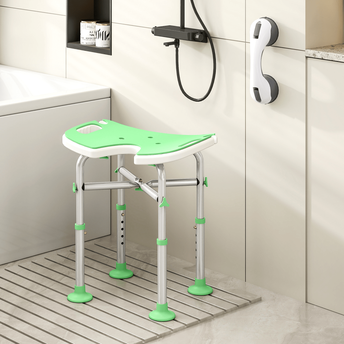 Bath / Shower Stool & Grab Handle, Adjustable Height - Green - Max 150kg - Baby&More
