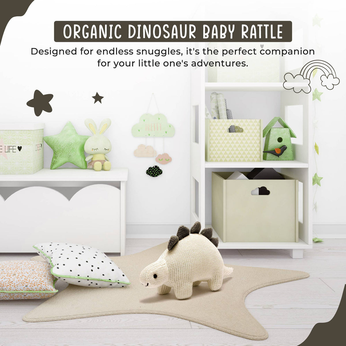 Best Years Ltd - Dinosaur Baby Rattle, Organic White Cotton Knit Stegosaurus