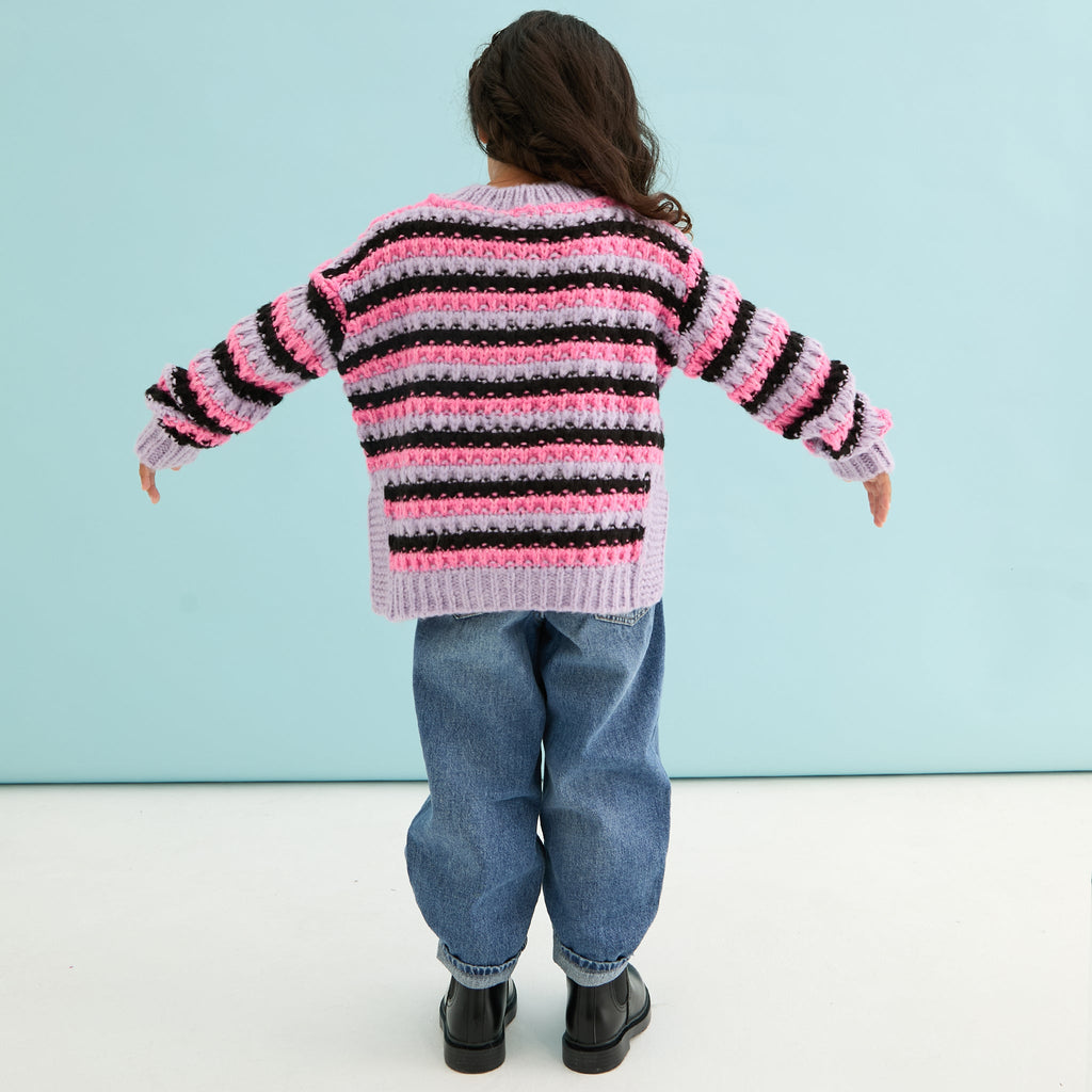 Cara & The Sky Bernice Kids Stripe Cross Stitch Cardigan - Lilac