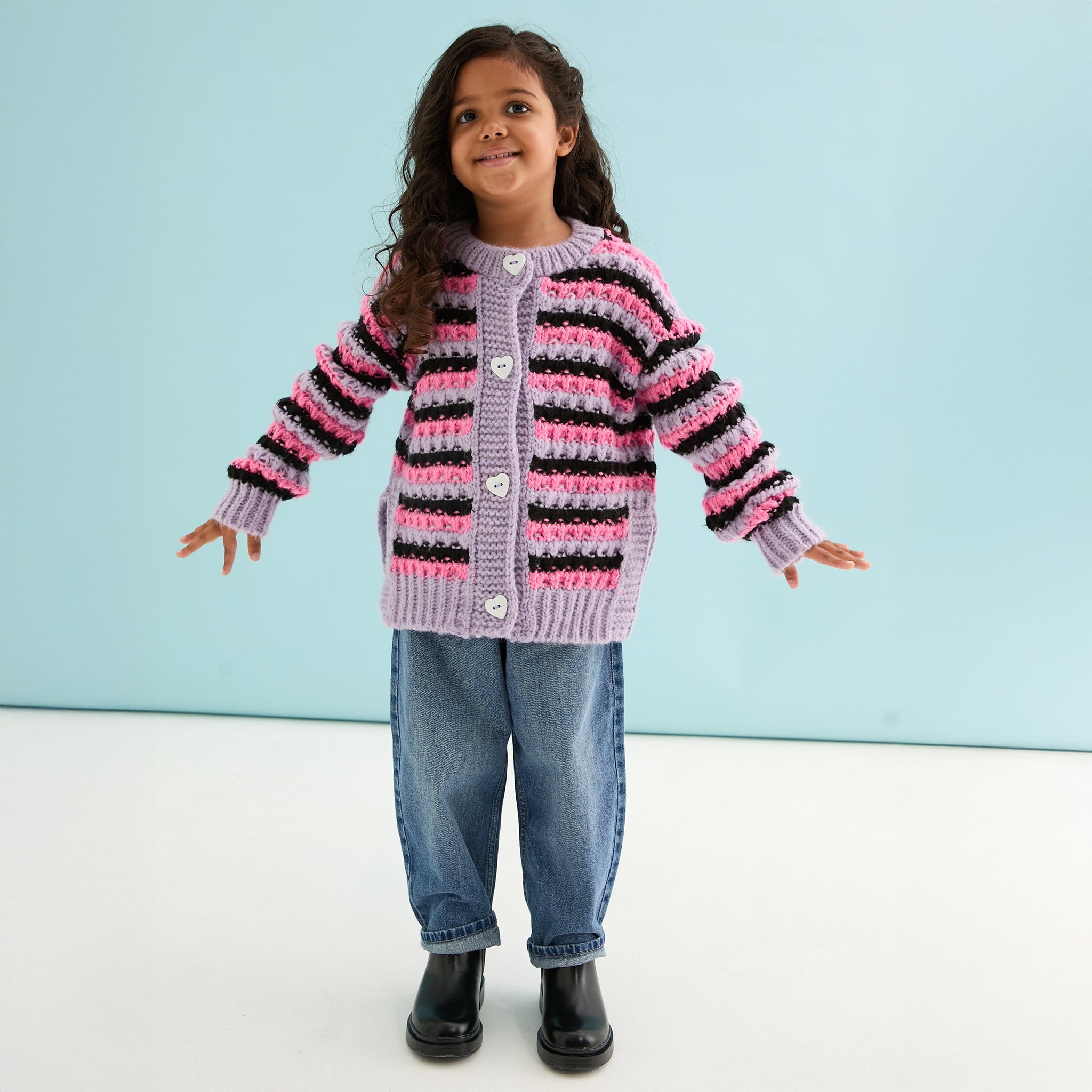 Cara & The Sky Bernice Kids Stripe Cross Stitch Cardigan - Lilac