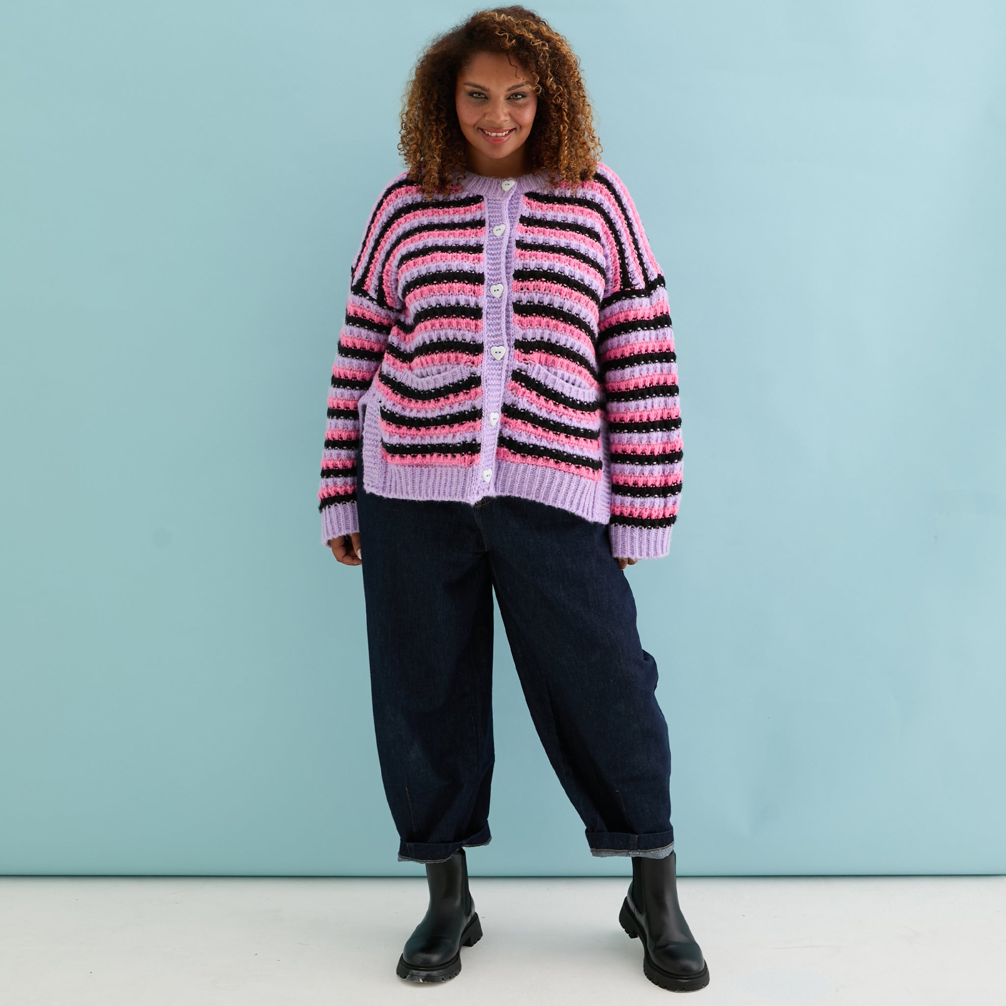 Cara & The Sky Bernice Stripe Cross Stitch Ladies Cardigan - Lilac