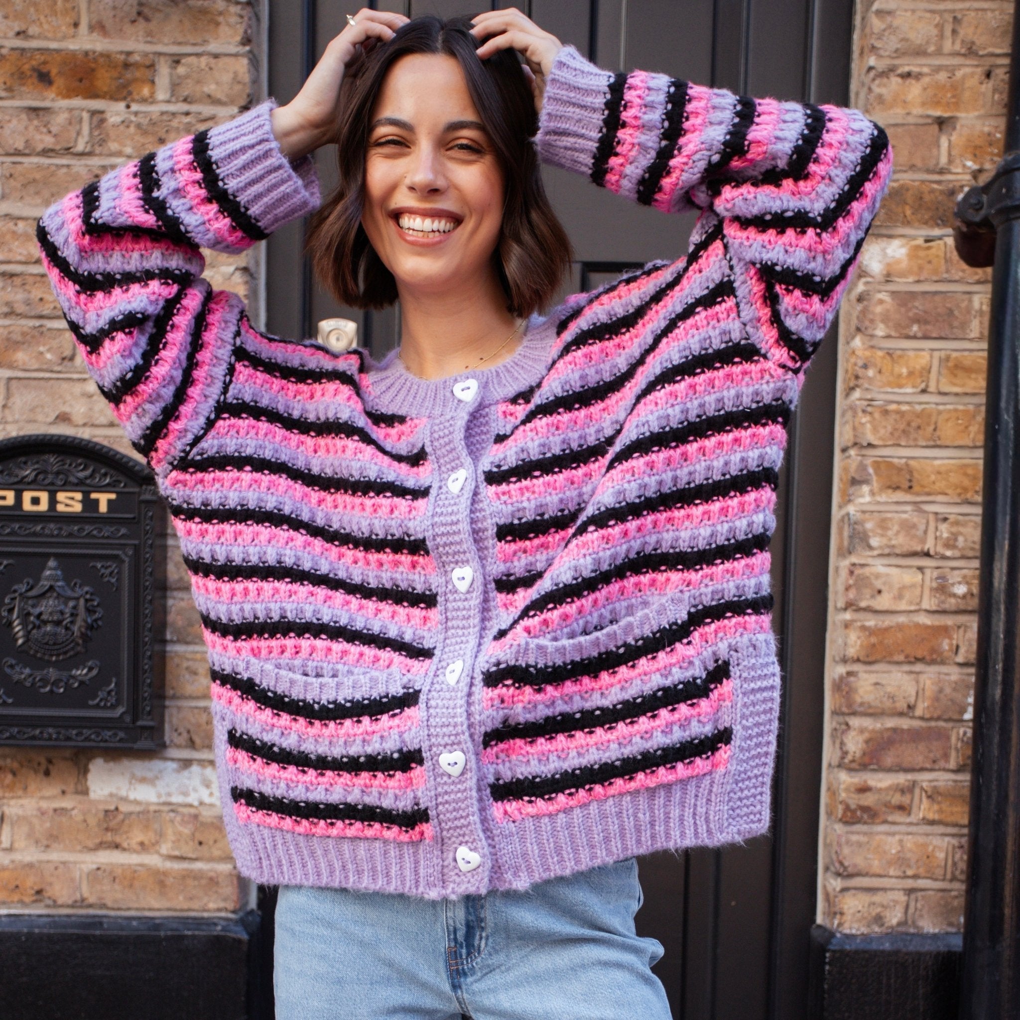 Cara & The Sky Bernice Stripe Cross Stitch Ladies Cardigan - Lilac