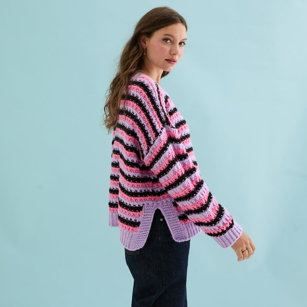 Cara & The Sky Bernice Stripe Cross Stitch Ladies Cardigan - Lilac