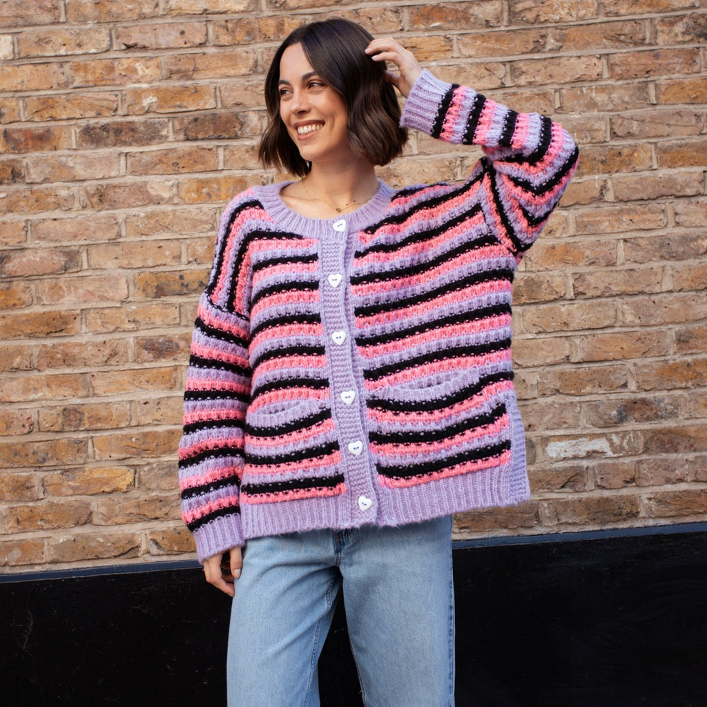 Cara & The Sky Bernice Stripe Cross Stitch Ladies Cardigan - Lilac