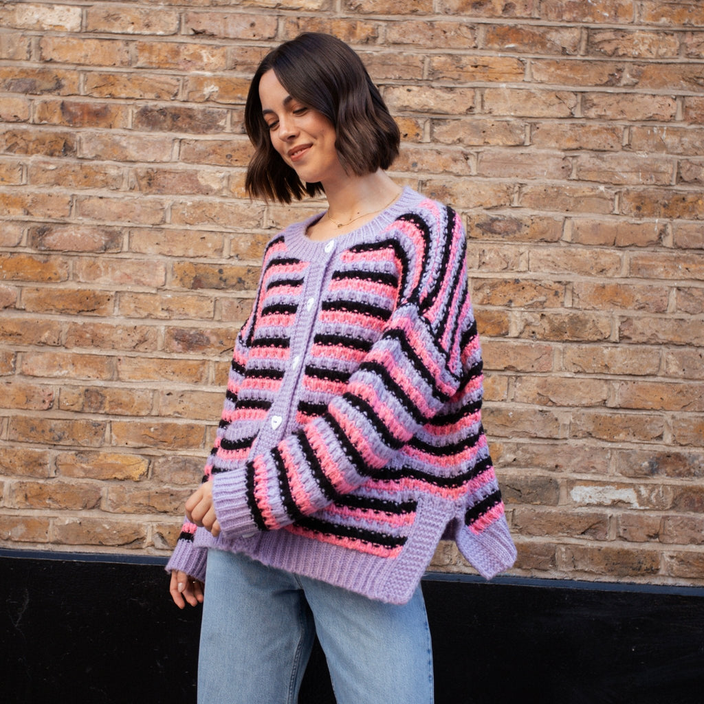 Cara & The Sky Bernice Stripe Cross Stitch Ladies Cardigan - Lilac
