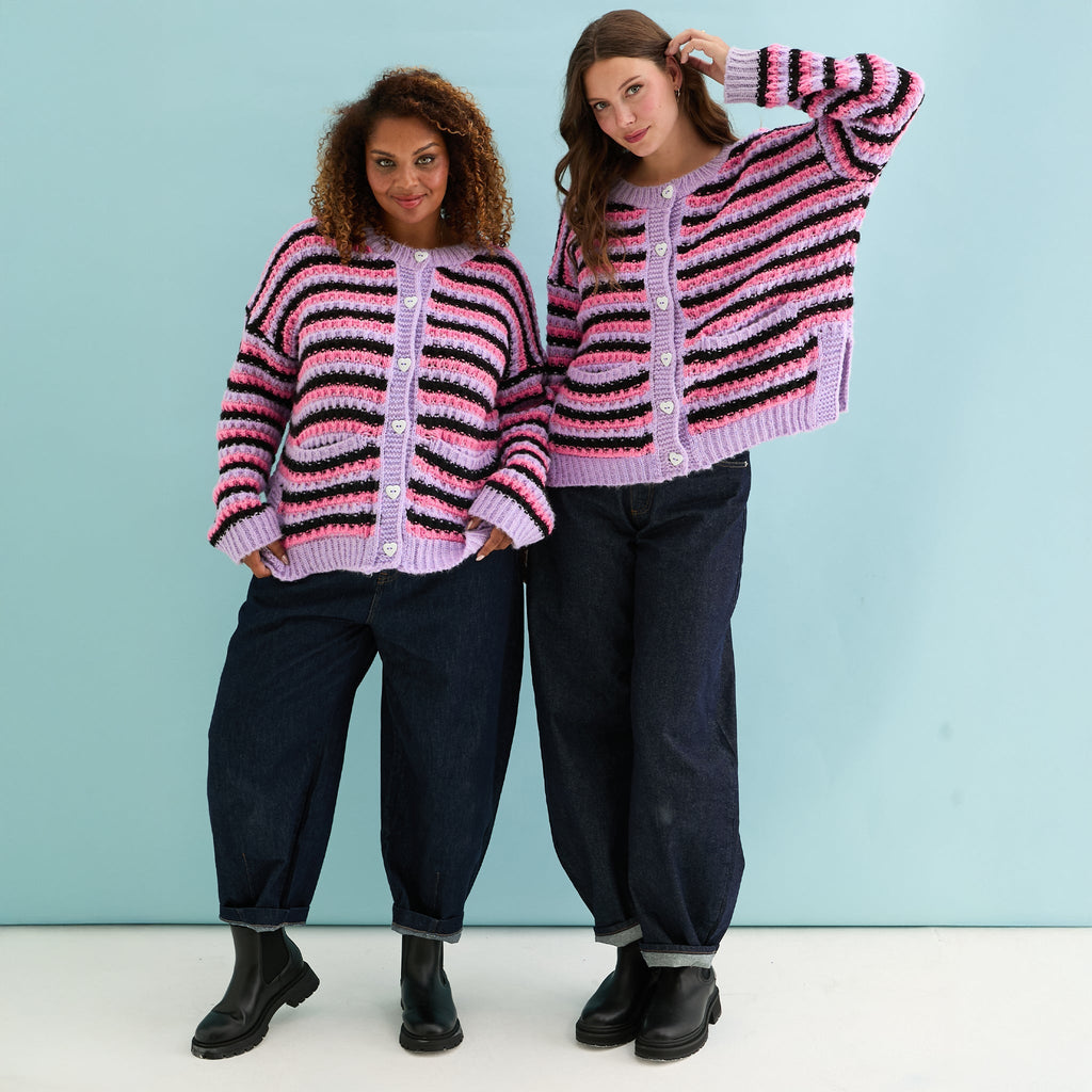 Cara & The Sky Bernice Stripe Cross Stitch Ladies Cardigan - Lilac