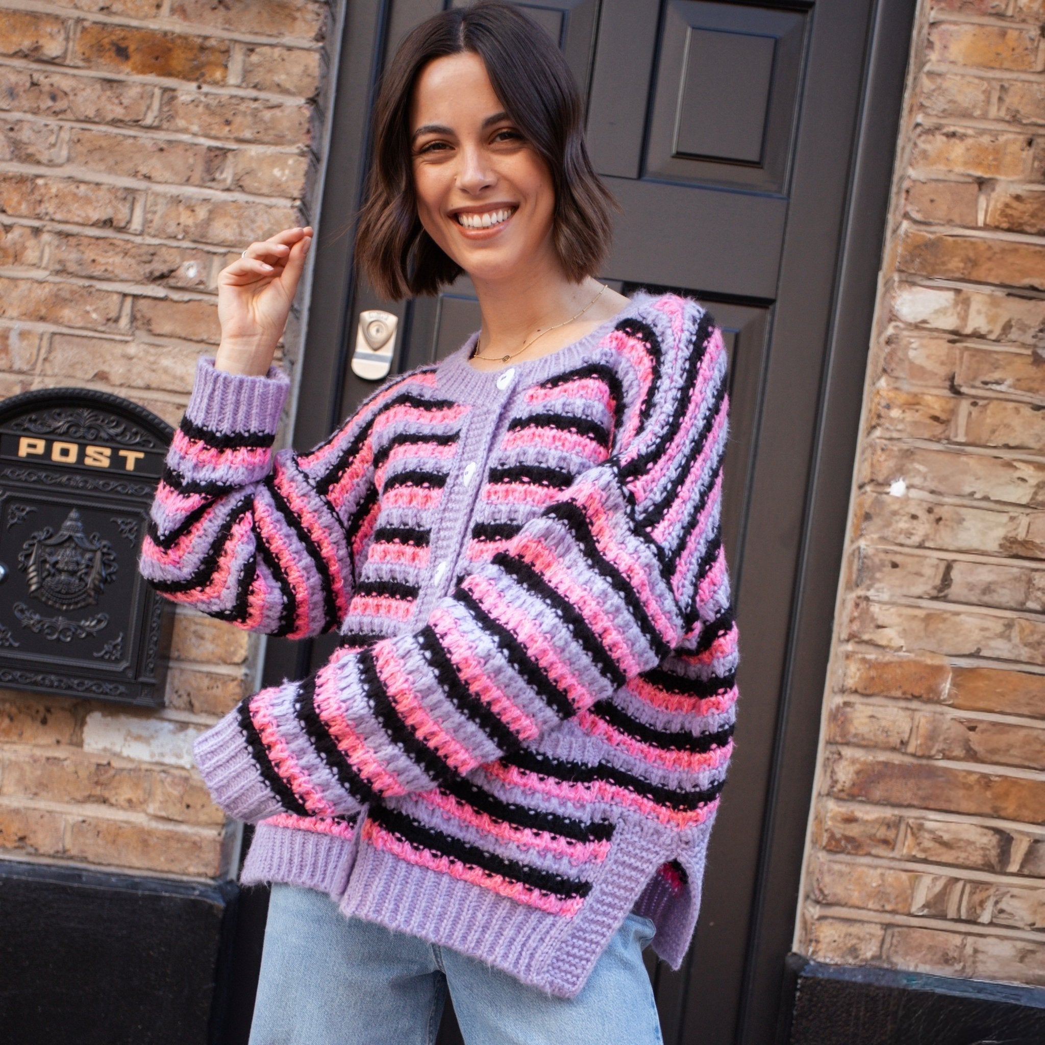 Cara & The Sky Bernice Stripe Cross Stitch Ladies Cardigan - Lilac