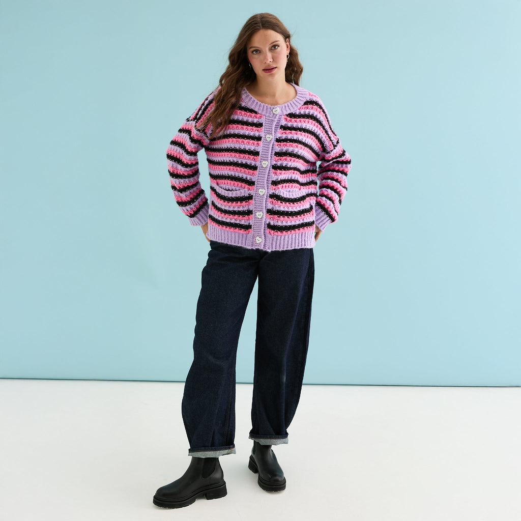Cara & The Sky Bernice Stripe Cross Stitch Ladies Cardigan - Lilac