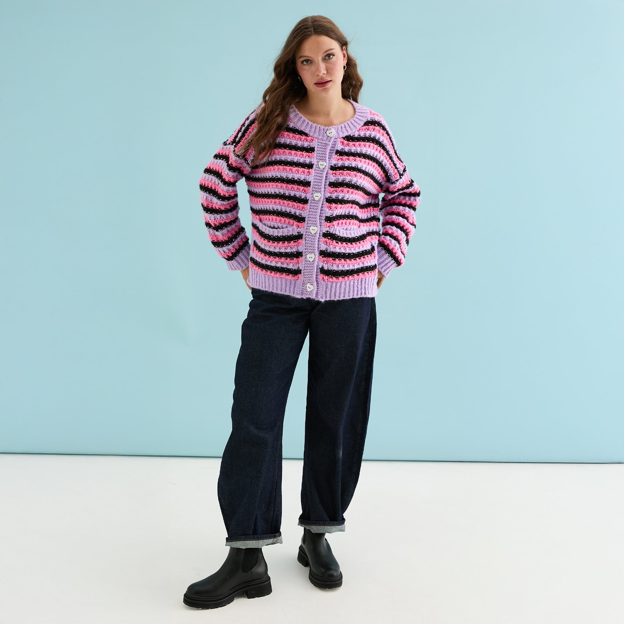 Cara & The Sky Bernice Stripe Cross Stitch Ladies Cardigan - Lilac
