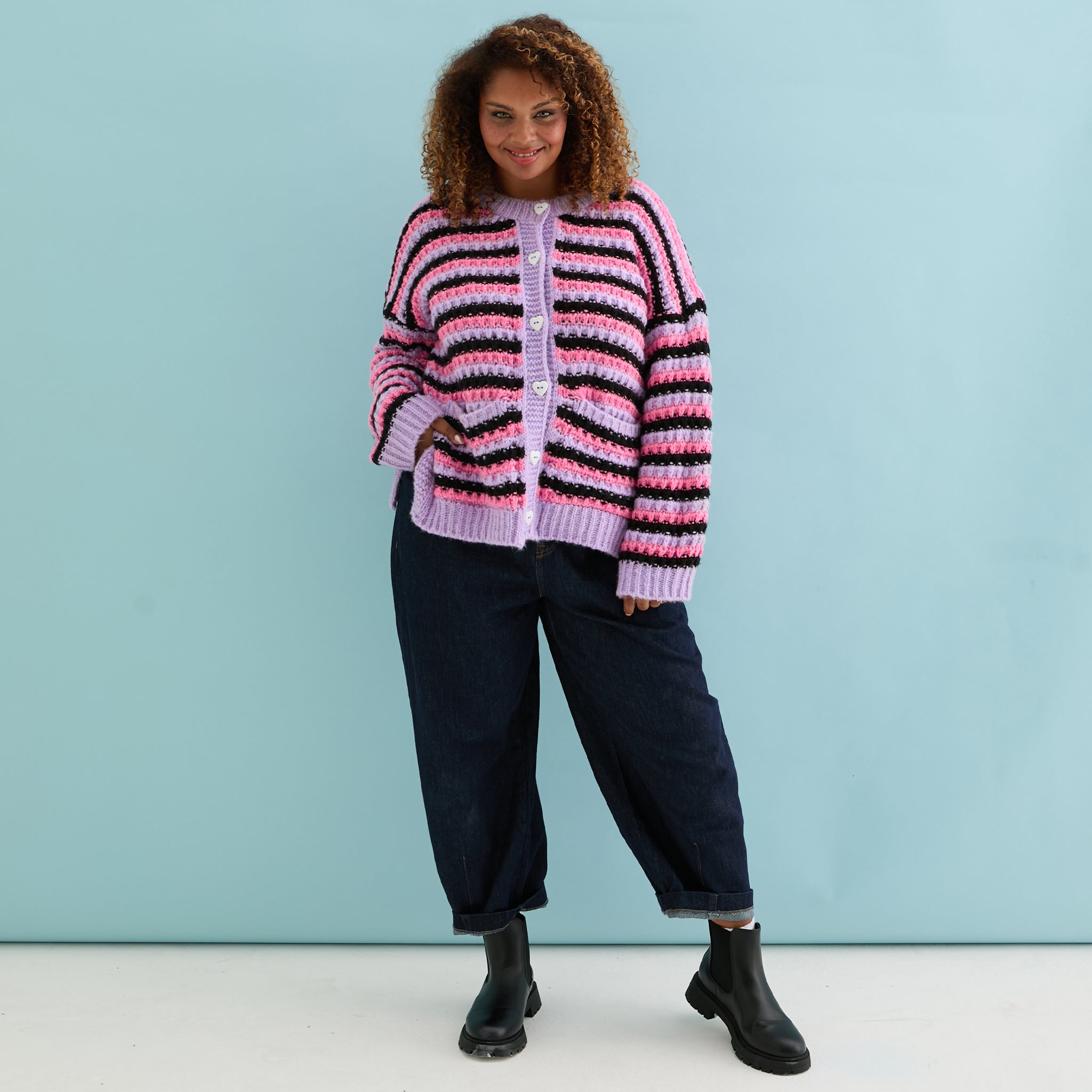 Cara & The Sky Bernice Stripe Cross Stitch Ladies Cardigan - Lilac