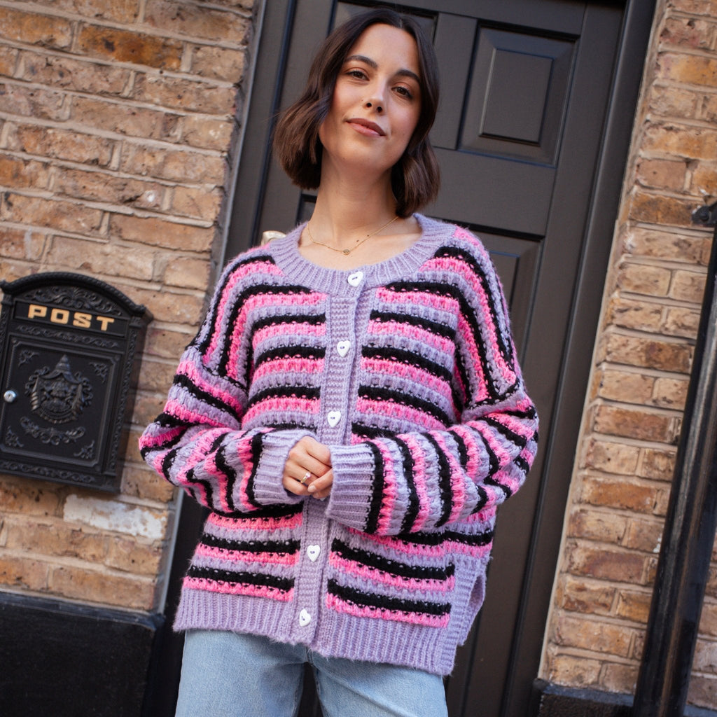 Cara & The Sky Bernice Stripe Cross Stitch Ladies Cardigan - Lilac