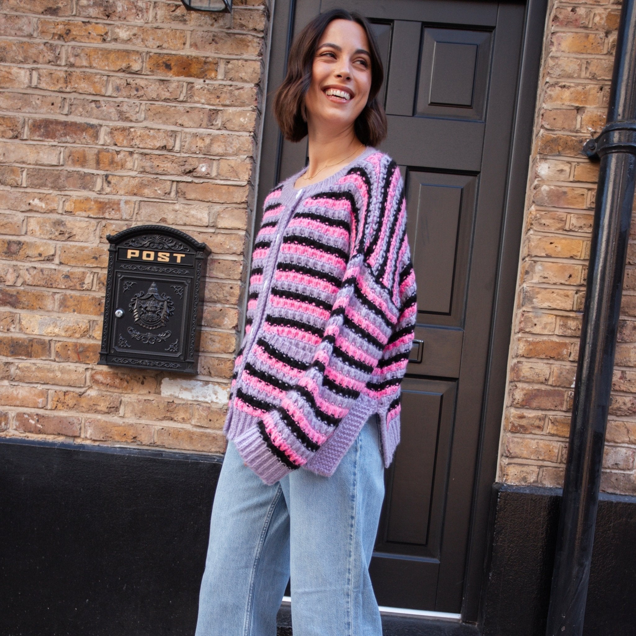Cara & The Sky Bernice Stripe Cross Stitch Ladies Cardigan - Lilac