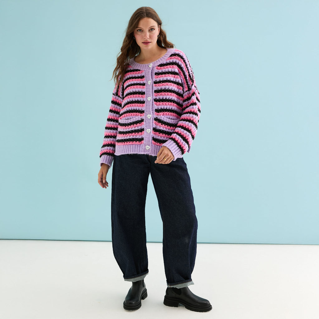 Cara & The Sky Bernice Stripe Cross Stitch Ladies Cardigan - Lilac