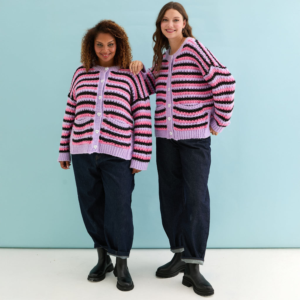 Cara & The Sky Bernice Stripe Cross Stitch Ladies Cardigan - Lilac