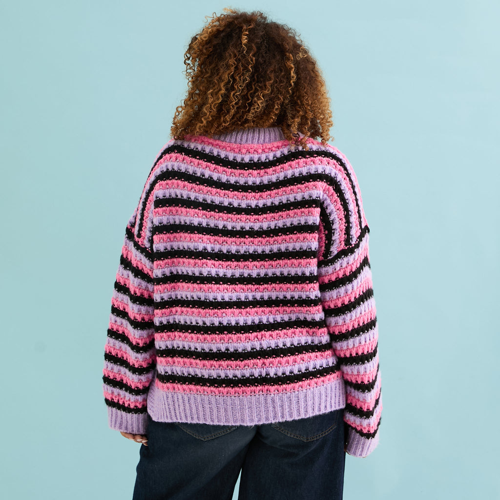 Cara & The Sky Bernice Stripe Cross Stitch Ladies Cardigan - Lilac
