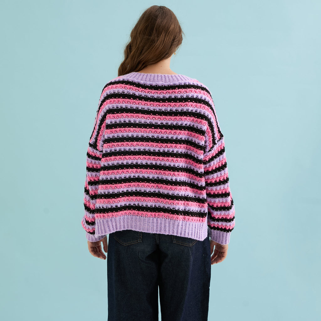 Cara & The Sky Bernice Stripe Cross Stitch Ladies Cardigan - Lilac