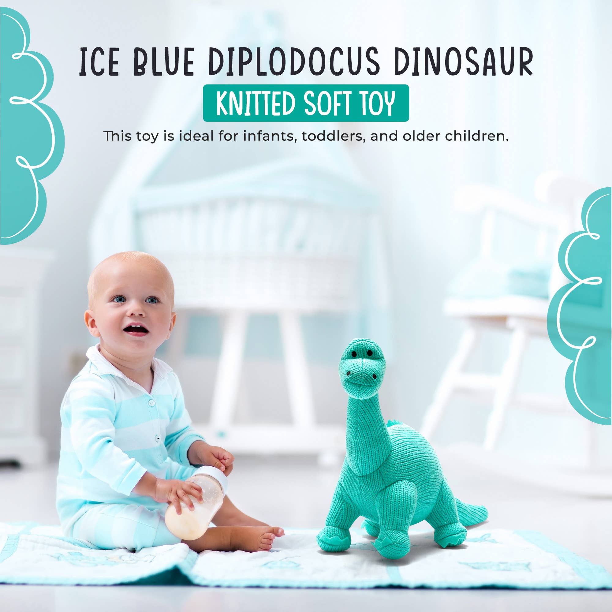 Best Years - Knitted Diplodocus Dinosaur Soft Toy - Ice Blue - Baby&More