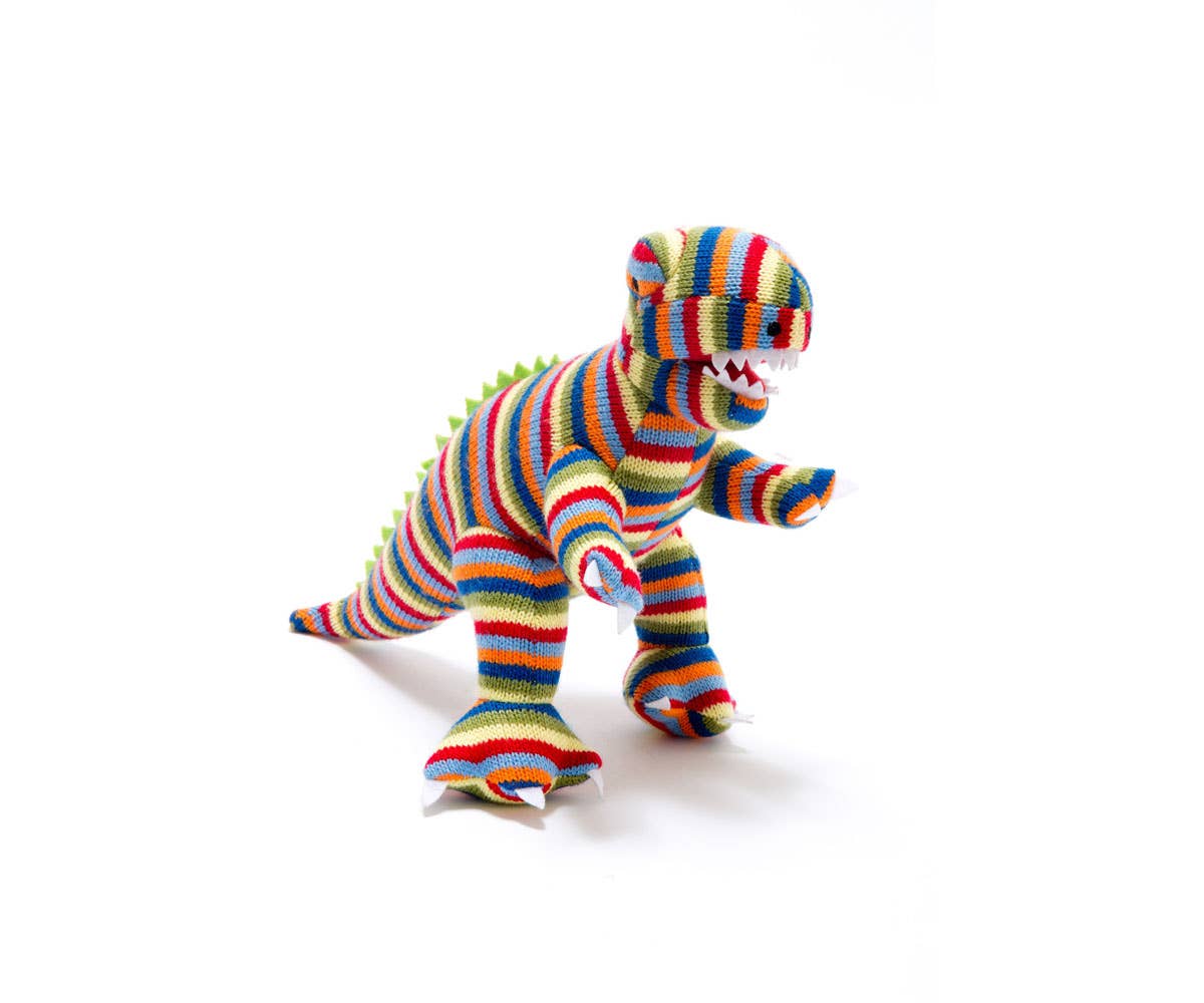 Best Years - Knitted T - Rex Dinosaur Baby Rattle - Rainbow Stripe - Baby&More