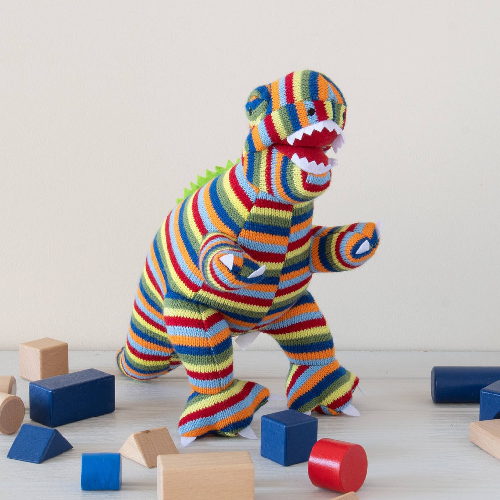 Best Years - Knitted T - Rex Dinosaur Soft Toy - Rainbow Stripe - Baby&More