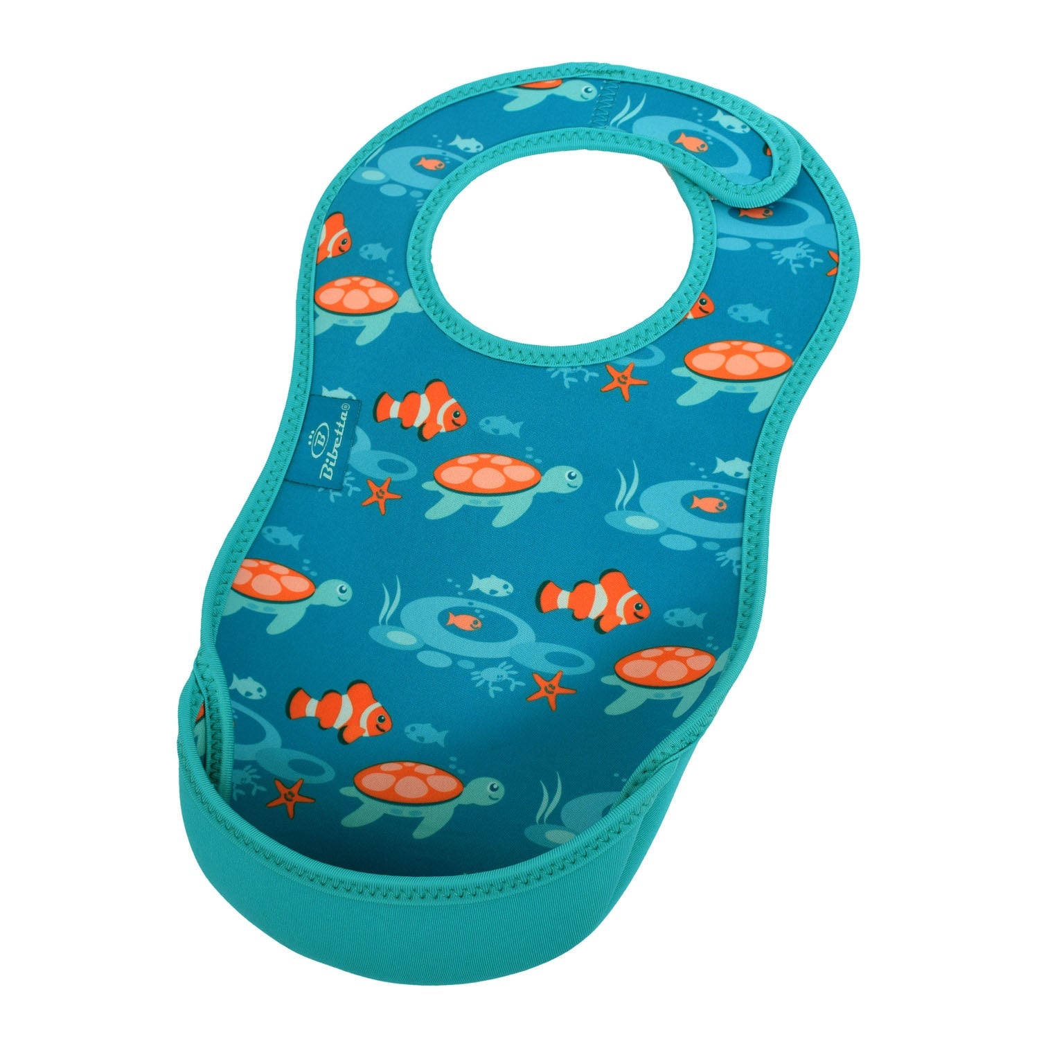 Baby bib with ocean-themed design on a white background
