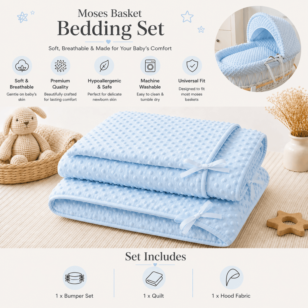 For Your Little One Moses Basket Bedding Set - Blue Dimple (Basket Not Included!)