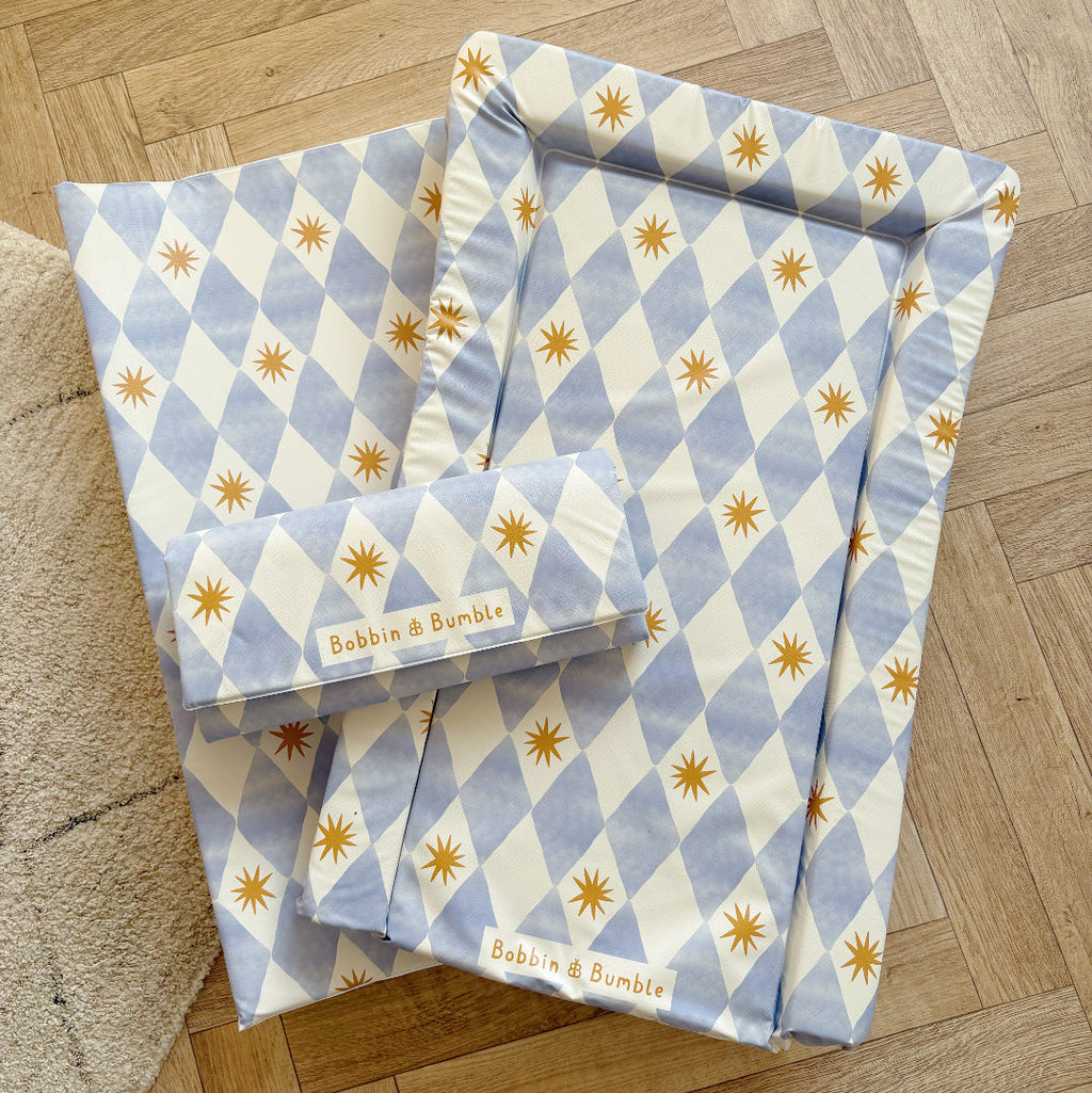 Bobbin and Bumble Anti-Roll Wedge Changing Mat - Blue Harlequin