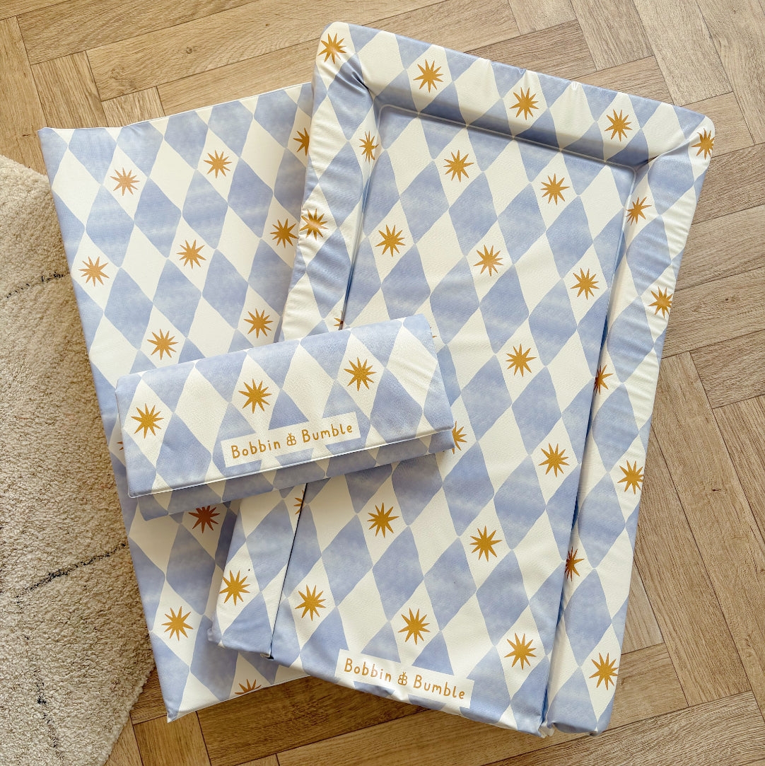 Bobbin and Bumble Anti-Roll Wedge Changing Mat - Blue Harlequin