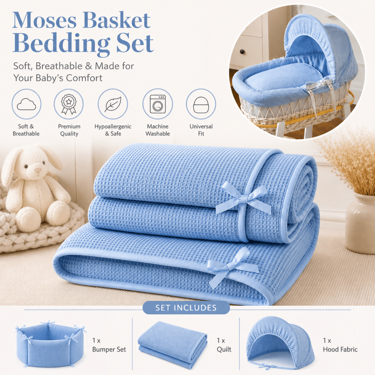 For Your Little One Moses Basket Bedding Set - Blue Waffle (Basket Not Included!)