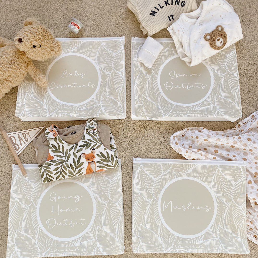 Bobbin and Bumble Hospital Bag Organiser Pouches - Unisex Beige Leaf Print - Baby&More