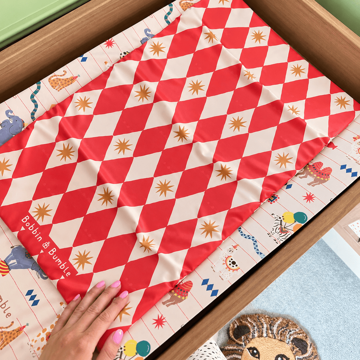 Bobbin and Bumble Travel Changing Mat - Red Harlequin - Baby&More