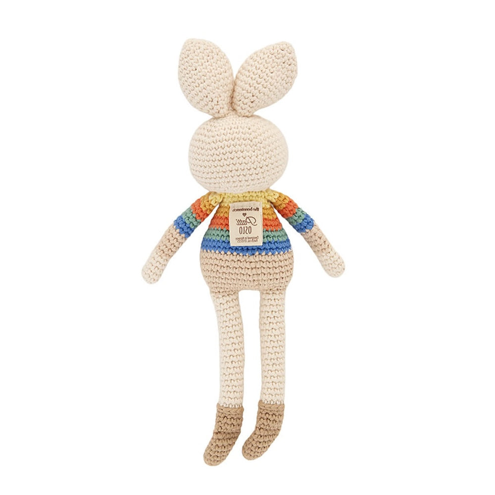 The bonniemob Organic Cotton Rainbow Stripe Bonnie Bunny Crochet Baby Toy