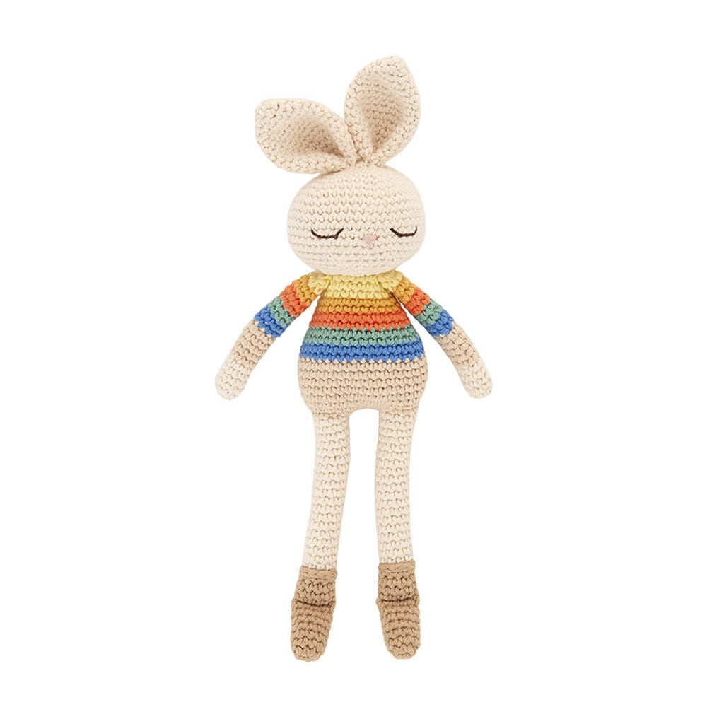 The bonniemob Organic Cotton Rainbow Stripe Bonnie Bunny Crochet Baby Toy
