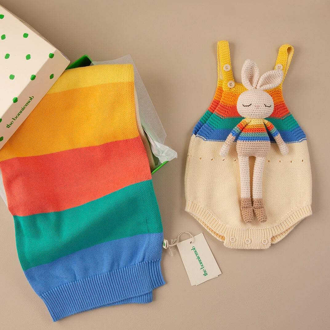 The bonniemob Organic Cotton Rainbow Stripe Bonnie Bunny Crochet Baby Toy