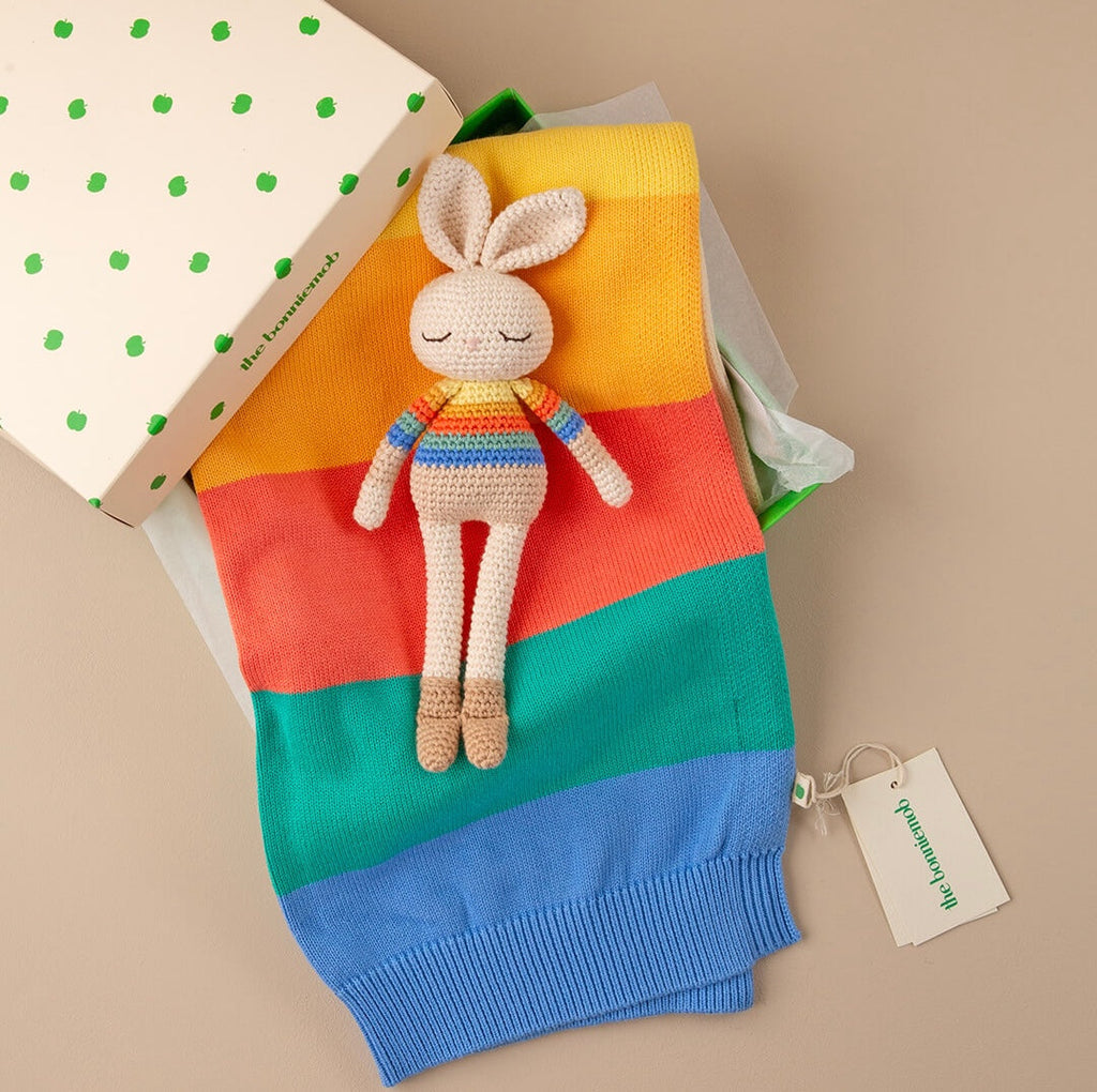 The bonniemob Organic Cotton Rainbow Stripe Bonnie Bunny Crochet Baby Toy