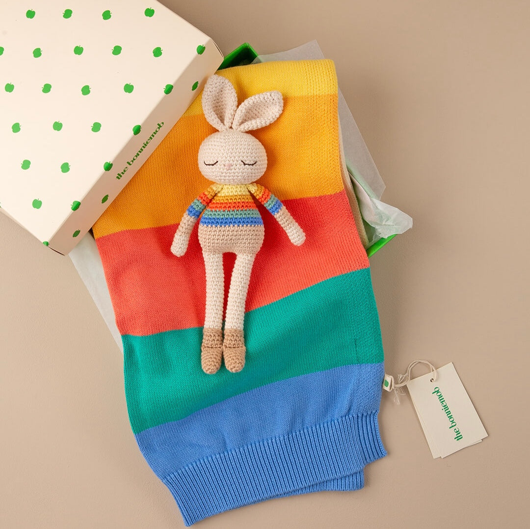 The bonniemob Organic Cotton Rainbow Stripe Bonnie Bunny Crochet Baby Toy